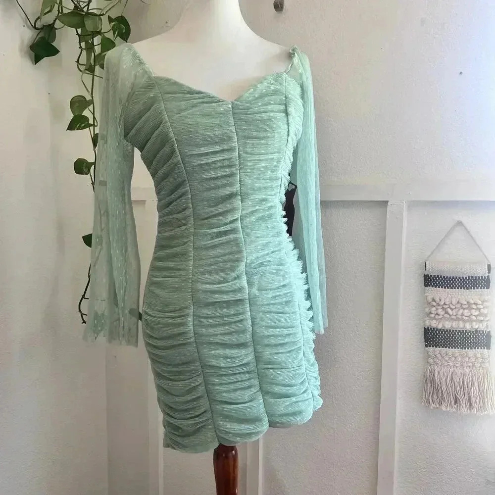 Haute Monde Green Ruched‎ Lace Flare Sleeve Retro Pin Up Dress Large New Sexy
